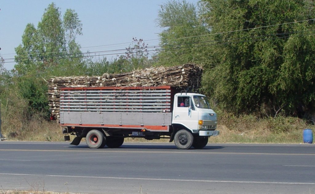 Dieser mit Zuckerrohr beladene HINO LKW war am 28.01.2011 bei Lamplaimat im Nordosten Thailands unterwegs