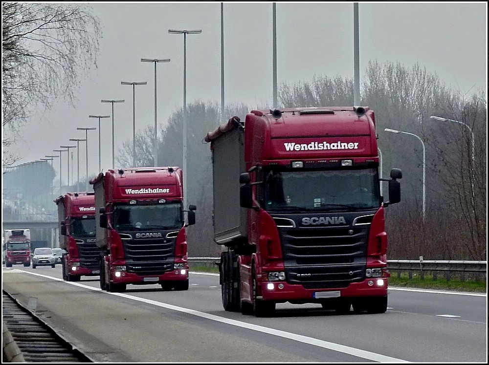 Drei Scania R500 V8 hintereinander auf der Autobahn zwischen Lttich und Antwerpen aufgenommen am 09.03.2011.