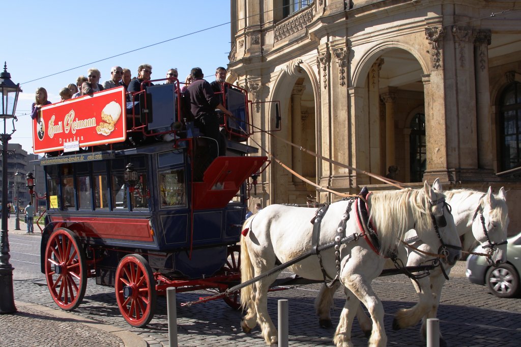 Ein 2PS-Pferde- Bus  bei einer Stadtrundfahrt in Dresden, hier gerade unterwegs auf der Sophienstrae zwischen Taschenbergpalais und Zwinger. (Aufnahme vom 06.10.2011)