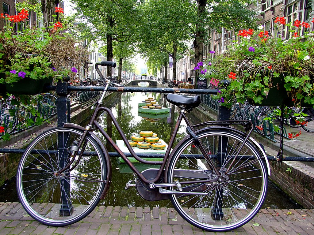 Fahrrad lehnt am Gelnder einer Gracht in Gouda;110902