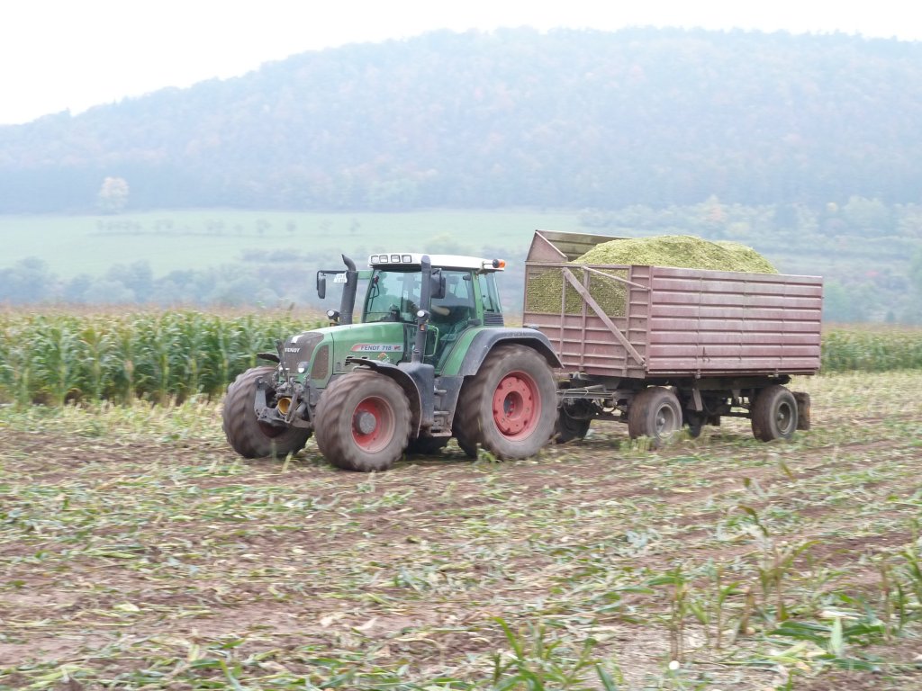 Fendt 718 Vario unterwegs mit einer Maissilageladung auf einem Feld sdl. von Meiningen, Oktober 2010