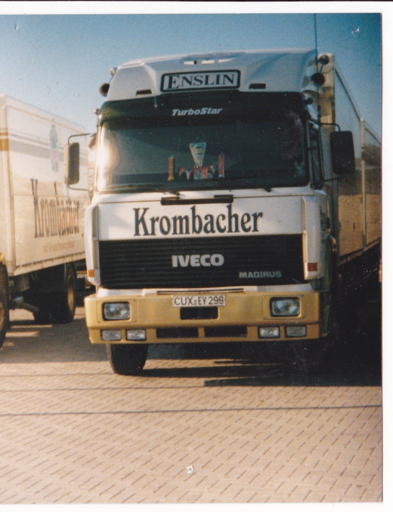 Firma Enslin aus Nordholz bei Cuxhaven. Das bild zeigt einen Krombacher LKW Magirus IVECO Turbo Star, der 1993 auf dem Betriebsgelnde abgestellt war.
