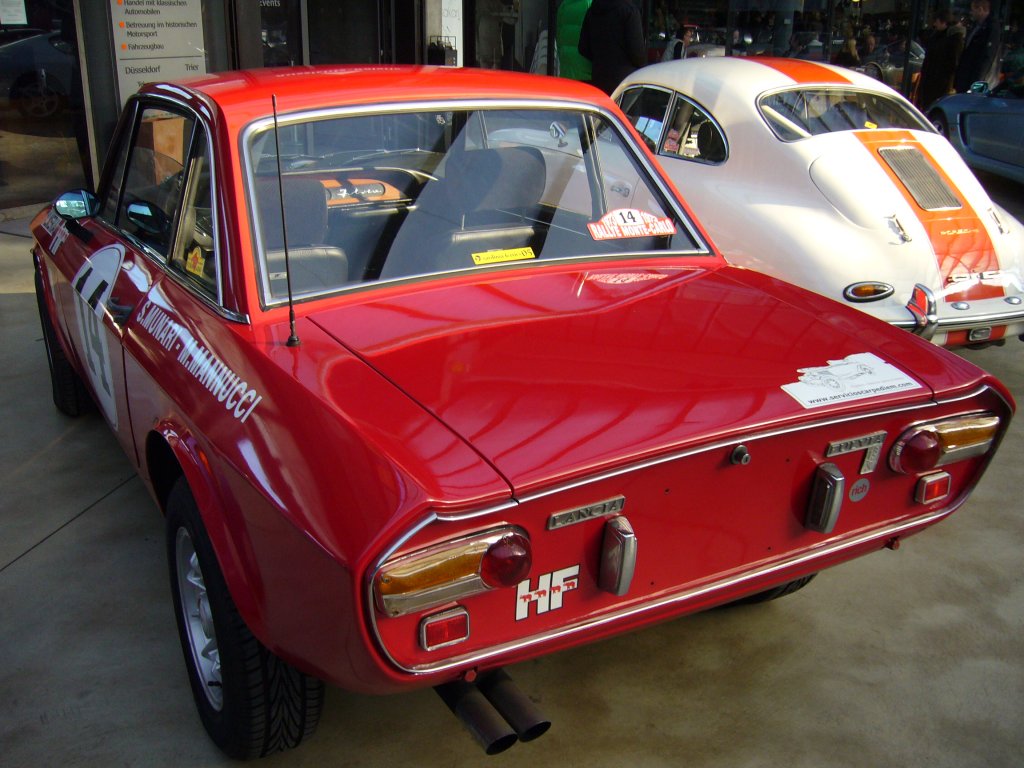 Heckansicht eines Lancia Fulvia Serie 3 1.3S von 1973. Der V4-motor leistet aus 1.298 cm 90 PS. Dsseldorfer Meilenwerk 30.01.2011.