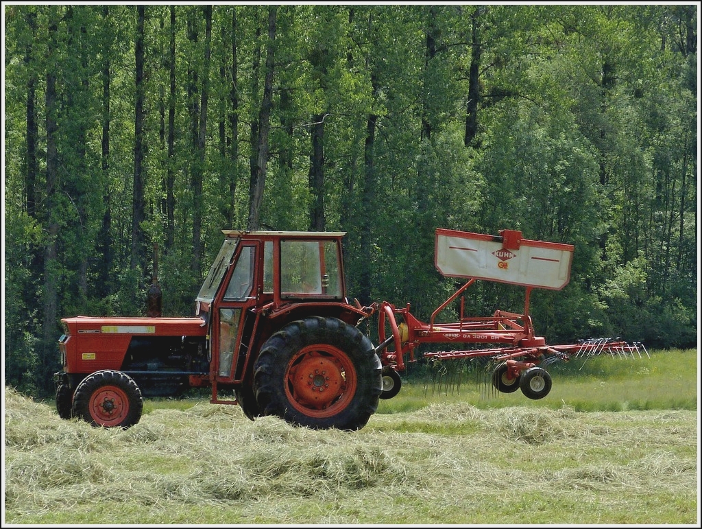 Same Traktor mit Kuhn Heuwender auf einem Feld um das trockene Heu auf Reihen zulegen. Schweiz Mai 2012. 