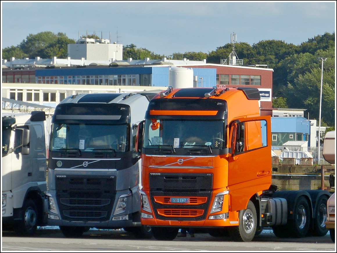 Am Hafen in Kiel warten diese neuen Volvo FH Sattelzugmaschinen, darauf abgeholt zu werden, das Foto wurde am 16.09.2013 durch den Zaun aufgenommen.