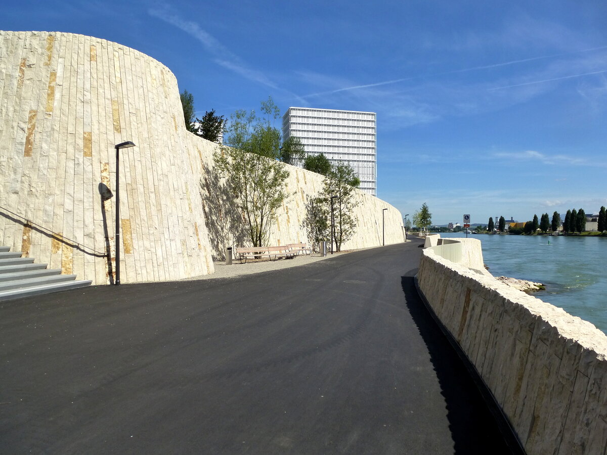 Basel, der neugestaltete Rad-und Fußweg am linken Rheinufer, Juli 2016