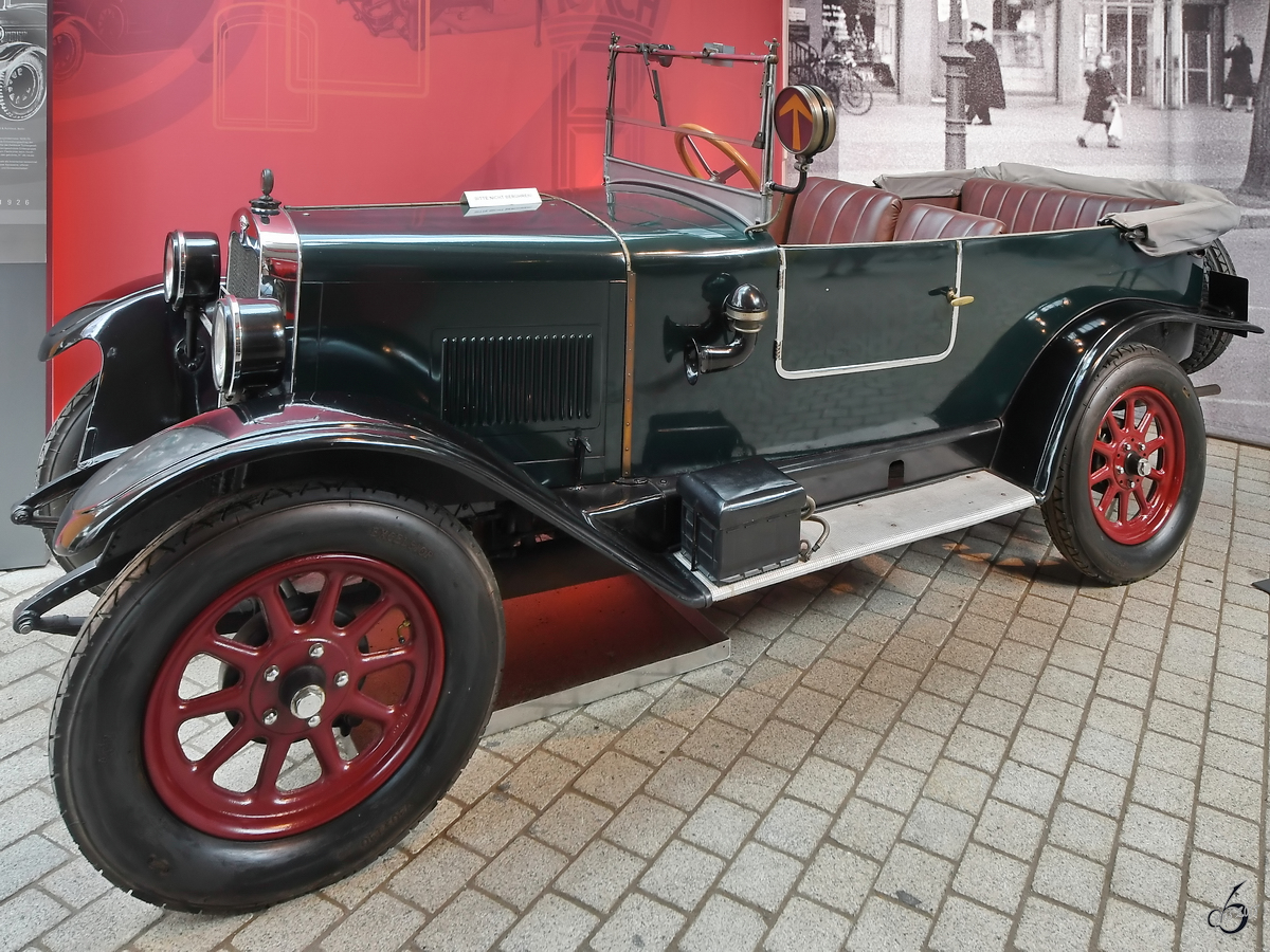 Ein 1926 gebauter Wanderer W8 stand im Automobilmuseum August Horch. (Zwickau, August 2018)