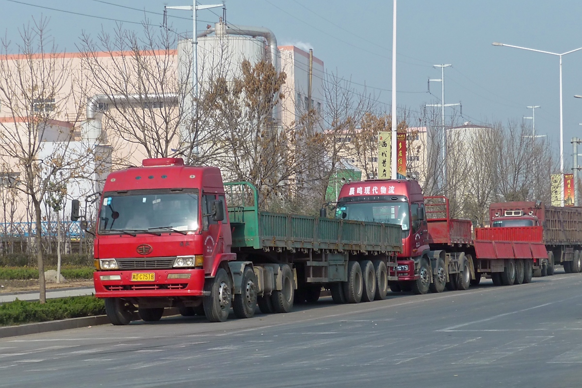 Eine ganze Reihe roter Sattelschlepper warten am Straßenrand, angeführt von einem etwas älteren FAW. 
Shouguang, 25.11.11