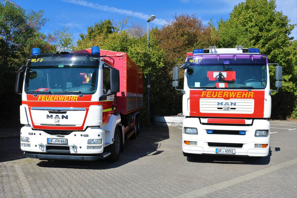 Feuerwehr Neu-Isenburg MAN TGS WLF (Florian Isenburg 1-66-2) und MAN TGA (Florian Isenburg 1-66-1) am 08.08.18 beim Tag der offenen Tür 