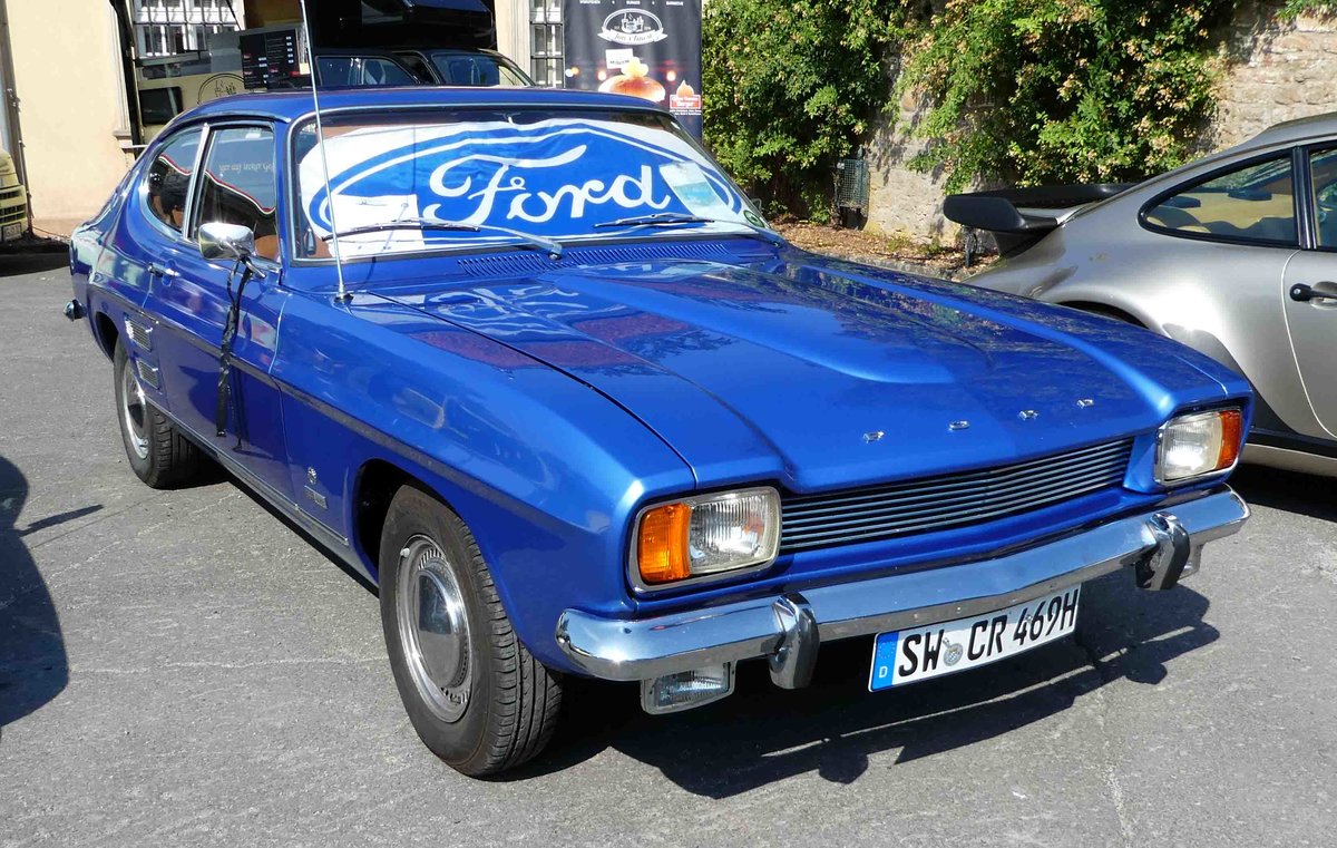 =Ford Capri I, Bj. 1969, 108 PS, Automatic, ausgestellt bei Blech & Barock im Juli 2018 auf dem Gelände von Schloß Fasanerie bei Eichenzell