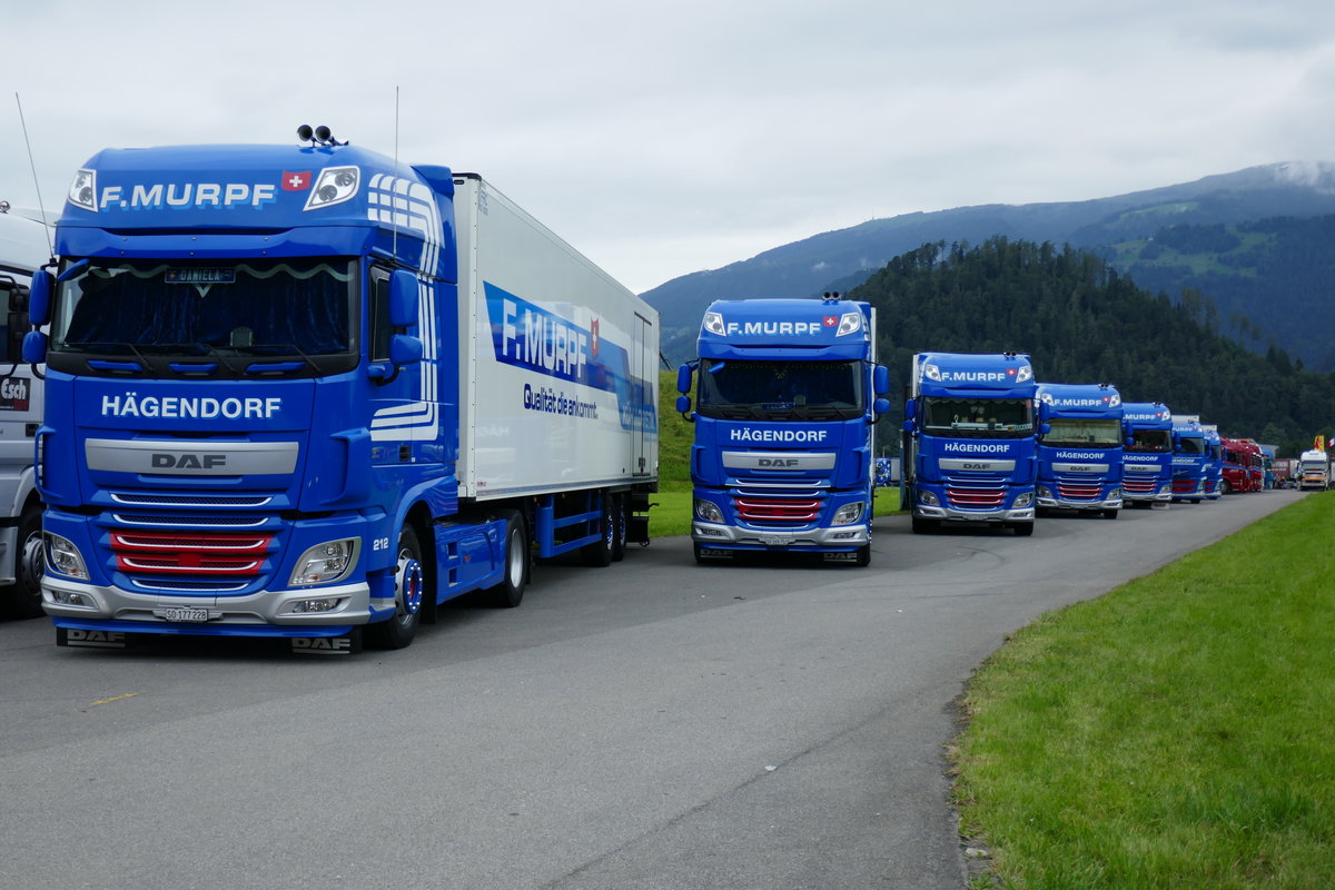 Fünf DAF und zwei Volvo von F. Murpf am 26.6.16 beim Trucker Festival Interlaken.