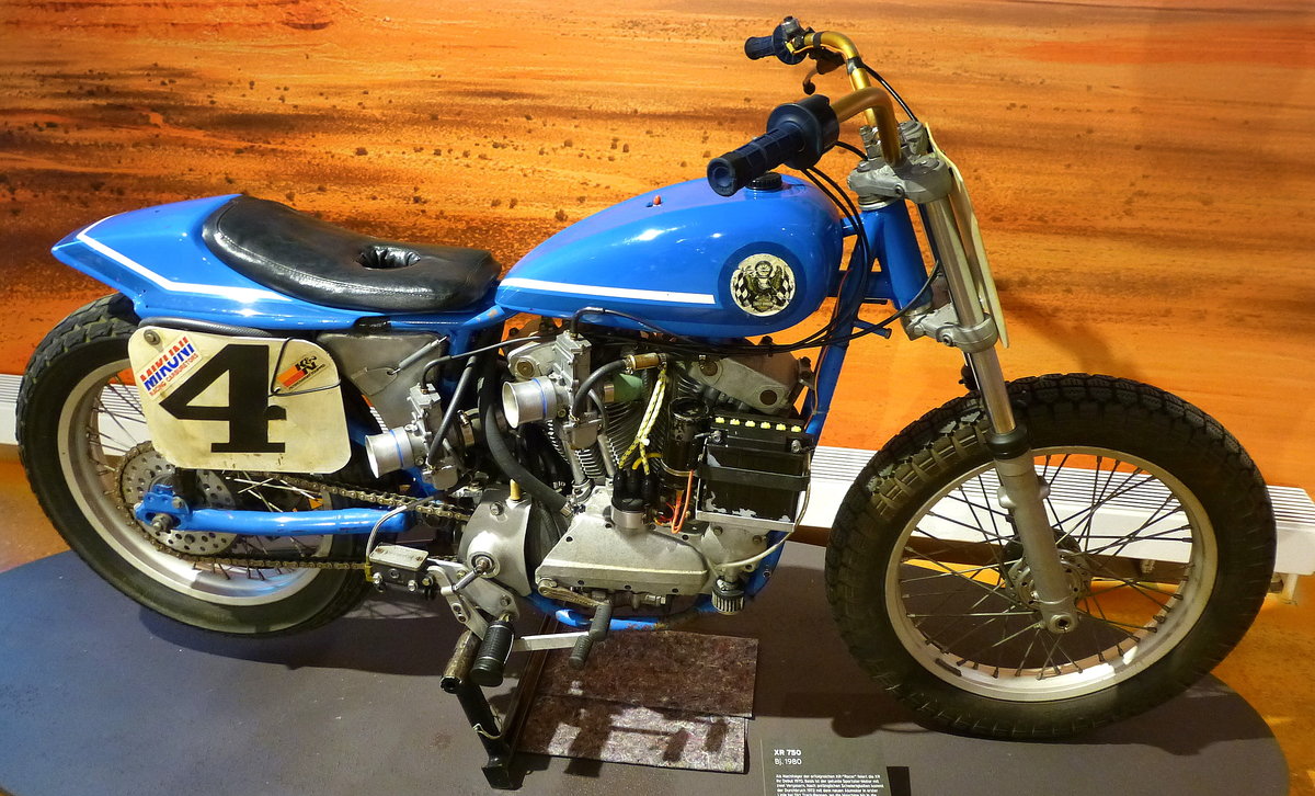Harley Davidson XR 750, Baujahr 1980, die Rennsportmaschine wurde ab 1970 gebaut, 749ccm, 90PS, Sonderausstellung im NSU-Museum, Sept.2014