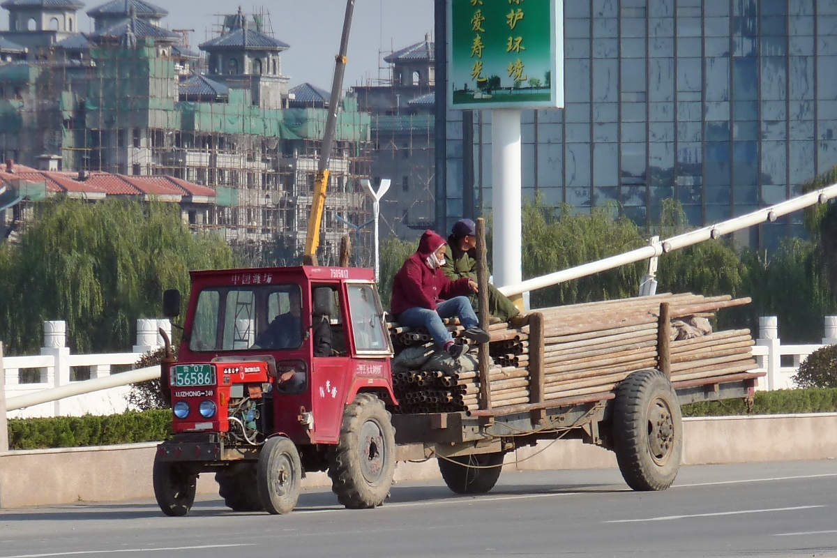 Kleiner Luzhong-240 Traktor unterwegs mit Gerüst-Stangen in Shouguang, 20.11.10
