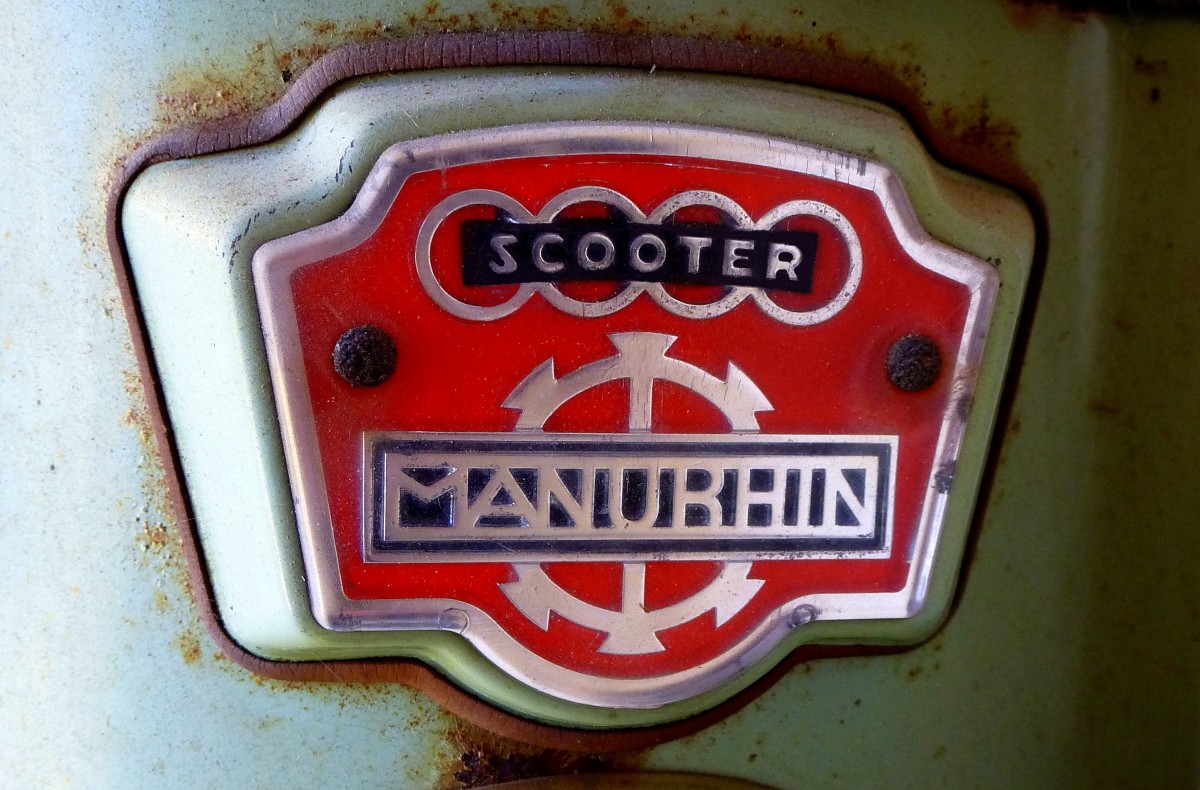 MANURHIN, Logo einer kleinen franzsischen Firma in Mlhausen(Mulhouse)/Elsa, hier wurde von 1957-61 der DKW-Hobby-Motorroller in Lizenz gebaut, Mai 2015