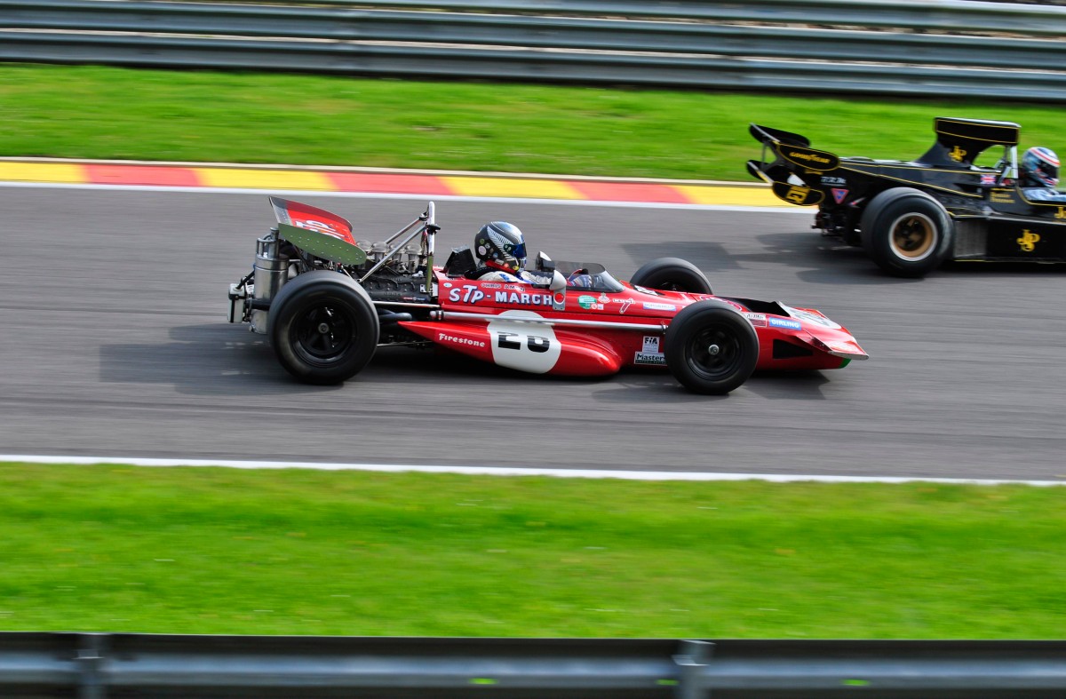 Mitzieher vom MARCH 701 Bj.:1970. Beim FIA Masters Historic Formula One Championship, am 21.9.13 in Spa Francorchamps.