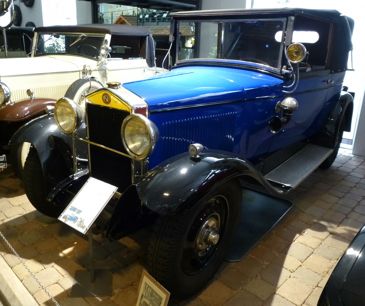 NSU 7/34 Cabriolet, Baujahr 1928-30, 6-Zyl.Motor mit 1781ccm und 34PS, Museum Autovision Altluheim, Sept.2014