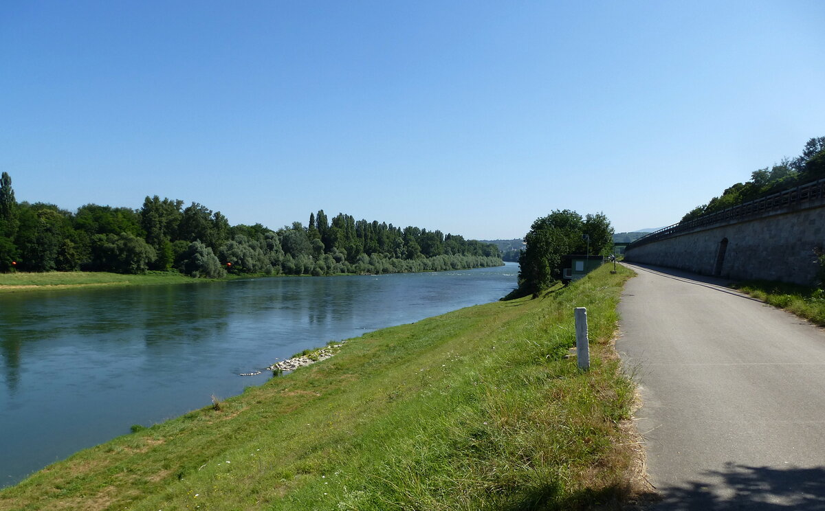Radweg am Altrhein, rechts die Stützmauer der Autobahn A5 bei Rheinweiler, Juli 2015