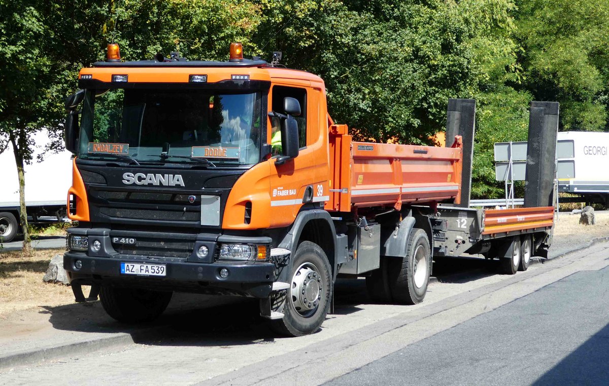 =Scania P410-Kipper rastet im Juli 2018 an der A5