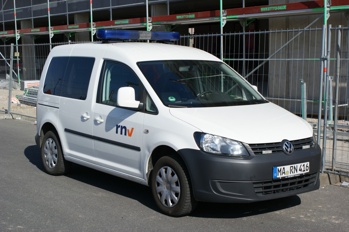 VW Caddy Einsatzfahrzeug der RNV. Aufgenommen in Schriesheim am 09.03.2014.