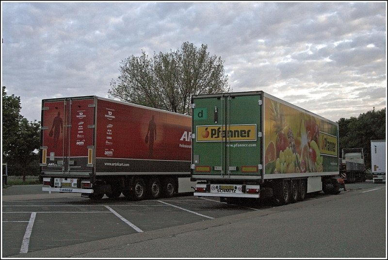 Am Morgen des 25.05.2009 stehen die beiden Khltransporter von CHANTAL Trans B.V. (sind fr TRANSDANUBIA unterwges) auf dem Rasthof Sauerland-Ost. Auffllig ist die Werbung fr ARTOfCART bzw. PFANNER.