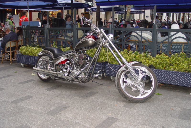 Diesen Chopper habe ich am 17.07.2009 auf den Champs-Elyses in Paris geparkt gesehen. Eine Harley Davidson ?????