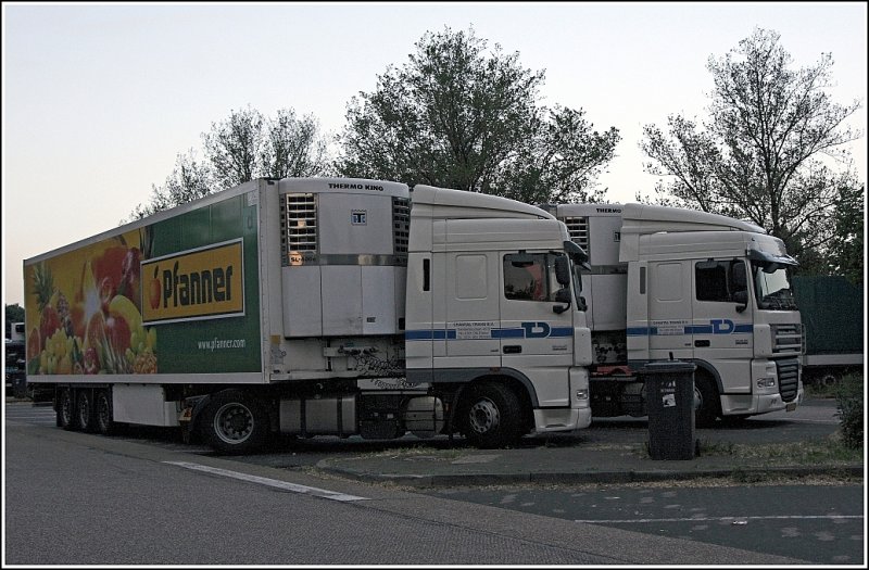 Super geparkt... Zwei DAF XF105.460SC  SpaceCab  der CHANTAL Trans B.V. aus den Niederlanden sind fr TRANSDANUBIA unterwegs und haben das Wochenende auf dem Rastplatz Sauerland-Ost verbracht. (25.05.2009)