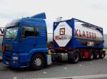 Klaeser Spedition ein blauer MAN TGA LX Wg.Nr.570 mit 20ft. KLAESER Tank Container 
9/7/2011 in Herten