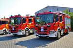 Feuerwehr Rodgau Scania P320 HLF20 Mitte und Süd am 08.06.23 beim Tag der offenen Tür feierlich geschmückt für die Fahrzeugübergabe