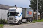Containersattelzug mit Scania der Firma ICS Transport, Aufnahme am 27.08.2011 in Hoogstraten