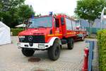Feuerwehr Offenbach Rumpenheim Mercedes Benz Unimog U1300 GW-Boot mit Anhänger Boot am 10.07.22 beim Tag der offenen Tür