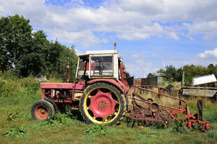 Oldtimer International Traktor, gesehen auf einem alten Bauernhof auf dem Traktoren gesammelt und repariert werden.