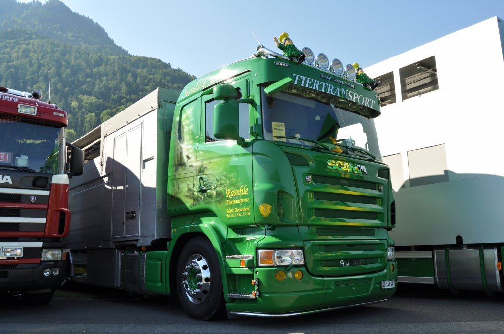 Am 26 juni 2010 fotografierte ich diese LKW auf die  Truckmeile  am 17 Intern Truck & Country Festival in Interlaken (CH). Ich frage mich, welche typ Scania es ist, R500?