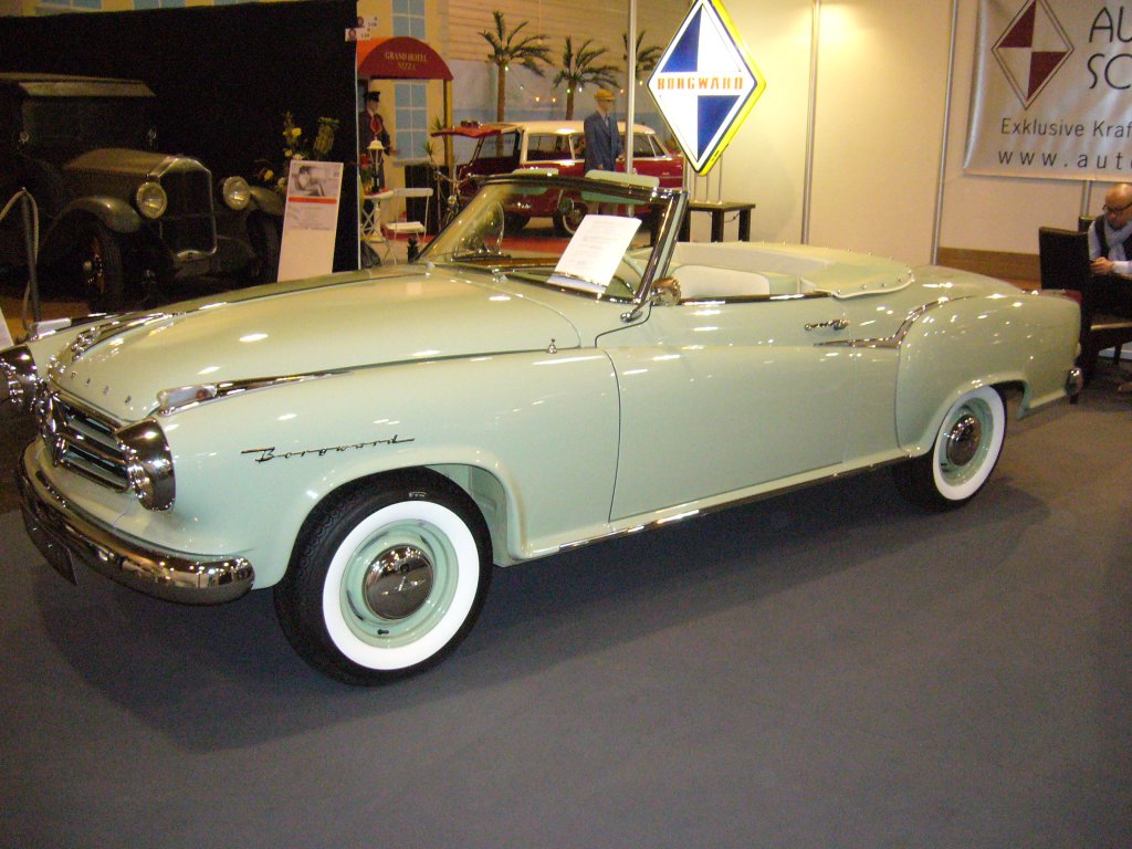 Borgward Isabella Cabriolet. Offiziell hat die Firma Deutsch in Köln nur 9 Isabella Cabriolets karossiert. In den Jahren 1957 - 1959 stand ein solches Modell mit DM 12.535,00 in den Borgward Preislisten. Techno Classica am 25.03.2012.