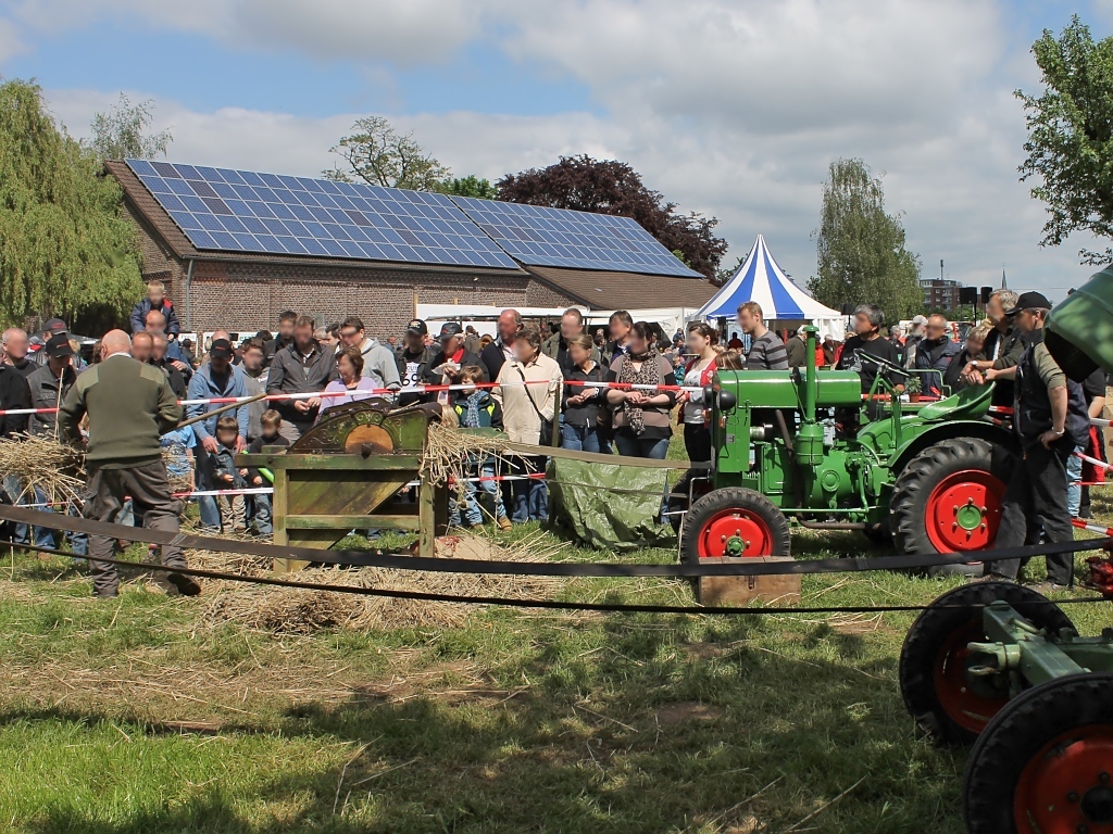 Demonstration einer Dreschmaschine, sie wird vom Traktor ber einen Transmissionsriemen angetrieben.

Treckertreff Aldekerk, 13.5.12 