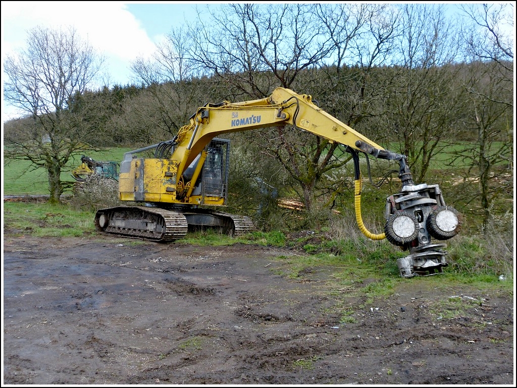 Der Wald ist abgeholzt und der Komatsu Raupenmaschine steht abholbereit am Wegesrand. 24.04.2012