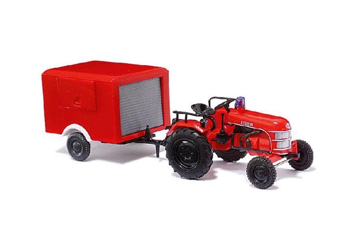 Kramer KL 11 mit Blaulicht Feuerwehr Traktor mit Pumpenanhnger Modell von Busch HO 1:87