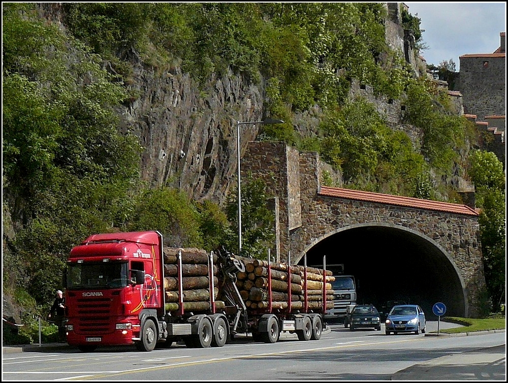 LKW Scania mit Holzstmmen beladen aufgenommen am linken Donauufer in Passau am 16.09.2010. 
