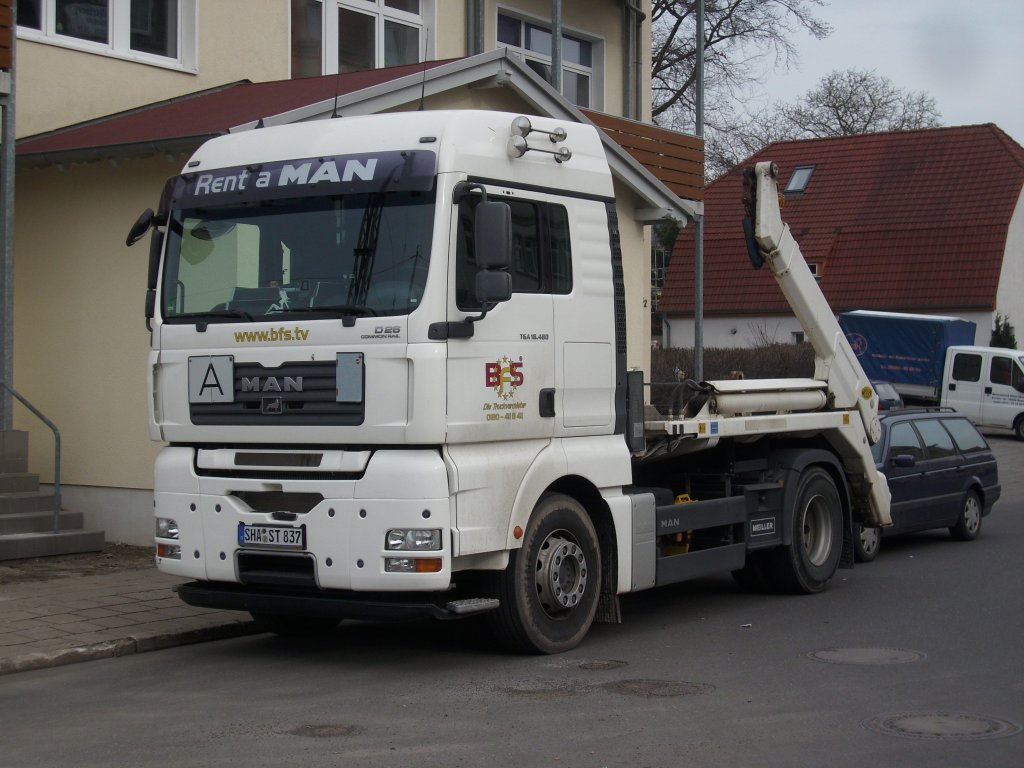 MAN-LKW ohne Absetzcontainer am 26.Mrz 2010 in Bergen/Rgen.