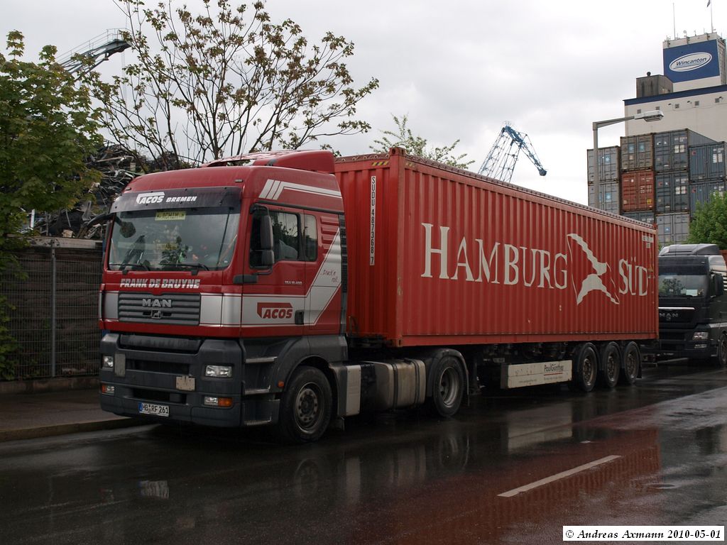 MAN TGA 18.400  - Spedition  Frank de Bruyne / Acos  Bremen  mit Container beim Stuttgarter Hafen-Westkai. (01.05.2010)