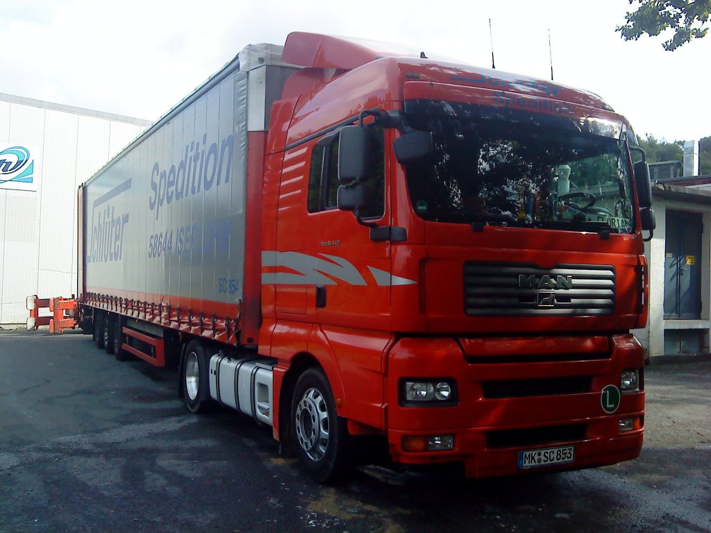 MAN TGA 18.440 XLX LLSU (Lowliner Sattelzug Unterflurmaschiene)2 wochen Schlter Spedition ort Menden, Ex Fahrer: Florian Thurm 03.08.2009