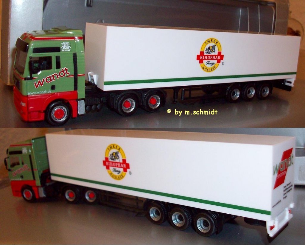 MAN TGA XXL 6x4 Spedition WANDT mit 3a Koffer Sattelauflieger BIHOPHAR Honig
am Heck ist das Logo der Spedition und der Werbeslogan aufgedruckt. Bastelmodell aus Herpateilen