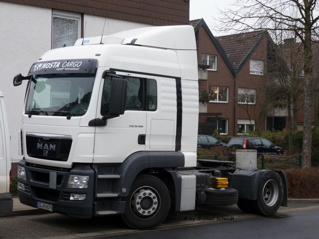 MAN TGS LX 18.440 wei mit Windleitblechen ein Fahrzeug der NOSTA CARGO in Herten geparkt am 10.03.2012