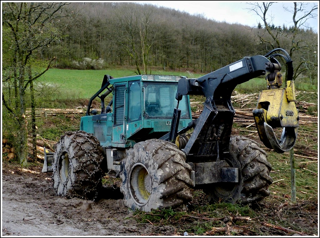 Nach dem Fllen der Bume werden die Baumstmme mit solchen spezial Traktoren an einen befestigten Wegesrand geschleppt, wo diese dann spter von Holztransportern abgeholt werden. Das Foto zeigt einen Timberjack 460 Traktor, aufgenommen am 24.04.2012. 