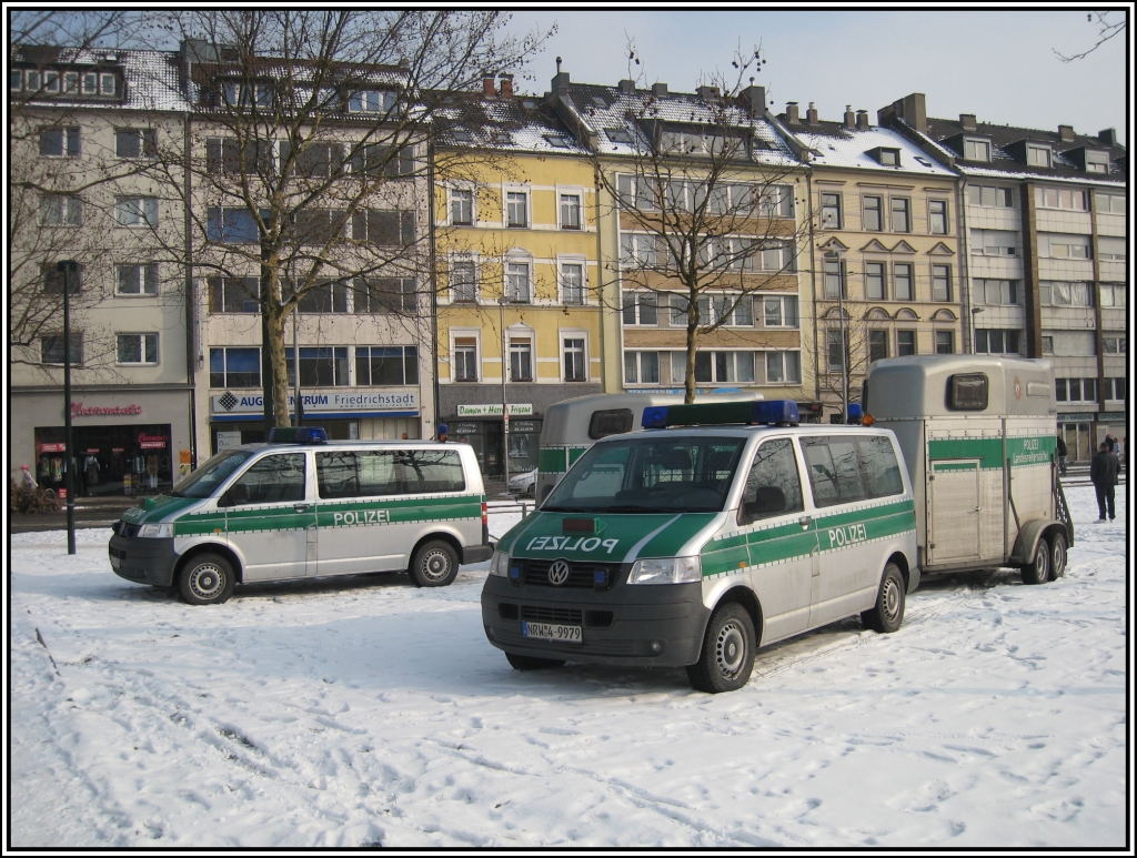 Polizeifahrzeuge mit Pferdetransport-Anhngern, gesehen am 15.02.2010 in Dsseldorf am Rande des Rosenmontagumzuges.