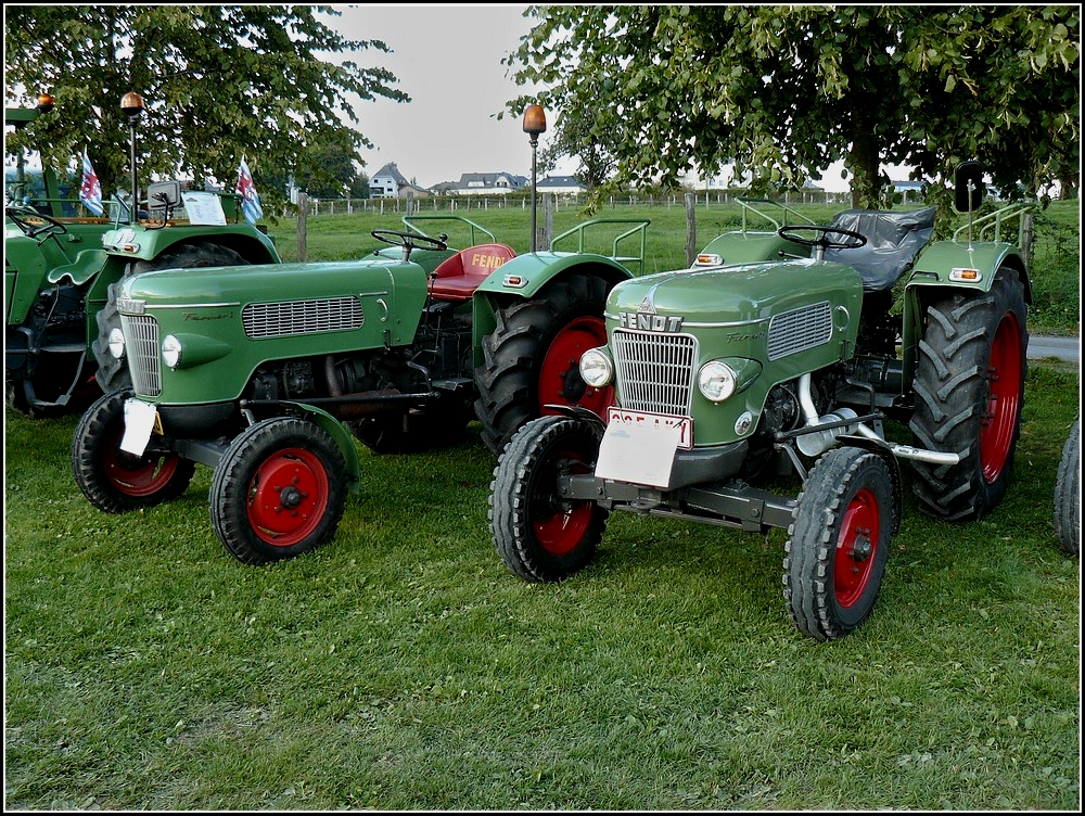 Rechts ein Fendt Farmer 1 BJ 1959, 2 Zyl, 28 Ps und links ein Farmer 2 von 1961 mit 3 Zyl, 2010 ccm, 34 Ps, gesehen beim Traktorentreffen in Weiswampach am 18.09.2010. 