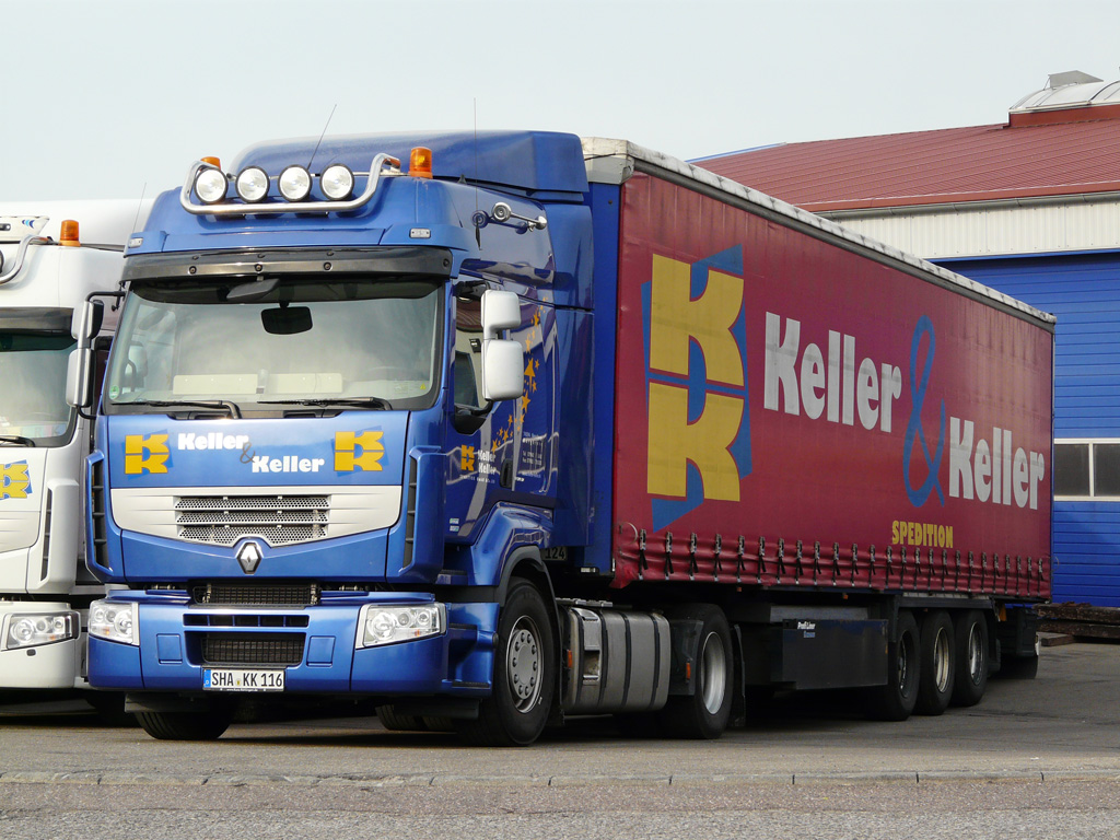 Renault Premium der Spedition Keller & Keller steht auf dem Betriebshof und wartet auf den nchsten Einsatz. Bergbronn, 27.05.2012 (Foto wurde von einer ffentlichen Strasse aus aufgenommen)