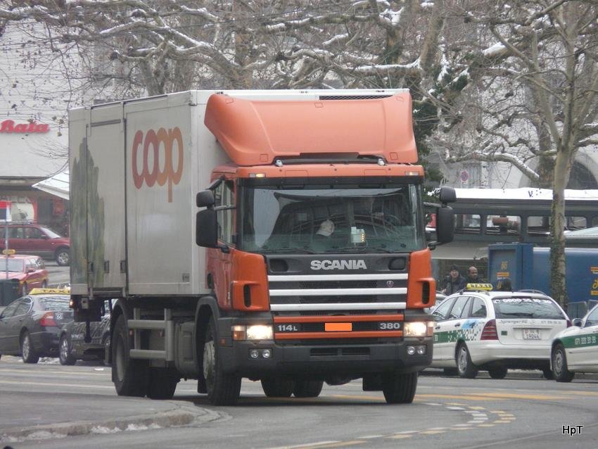 Scania 114 L 380 unterwegs in der Stadt St.Gallen am 16.01.2010