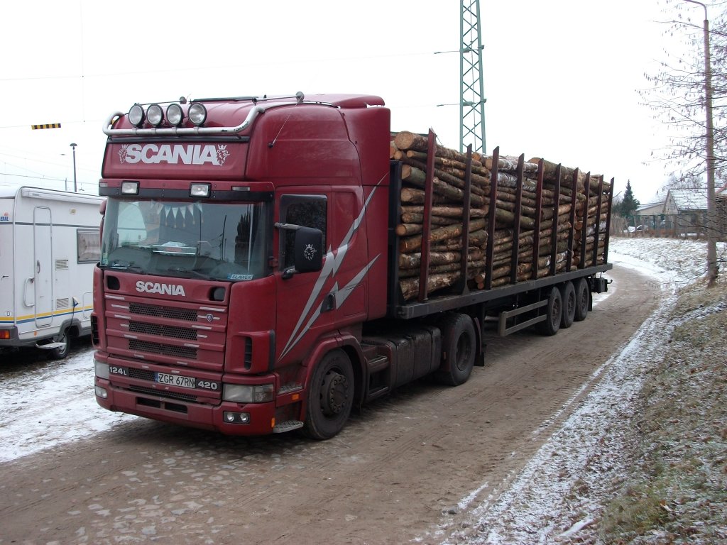 Seine Holzladung wurde dieser polnische SCANIA am 01.Februar 2011 am Bahnhof in Bergen/Rgen los.