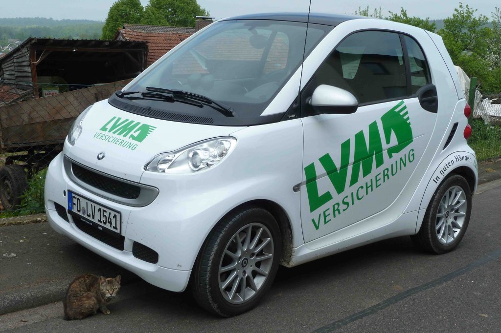 Smart als Werbetrger der  LVM-Versicherung  scharf bewacht in 36100 Petersberg-Marbach, Mai 2013