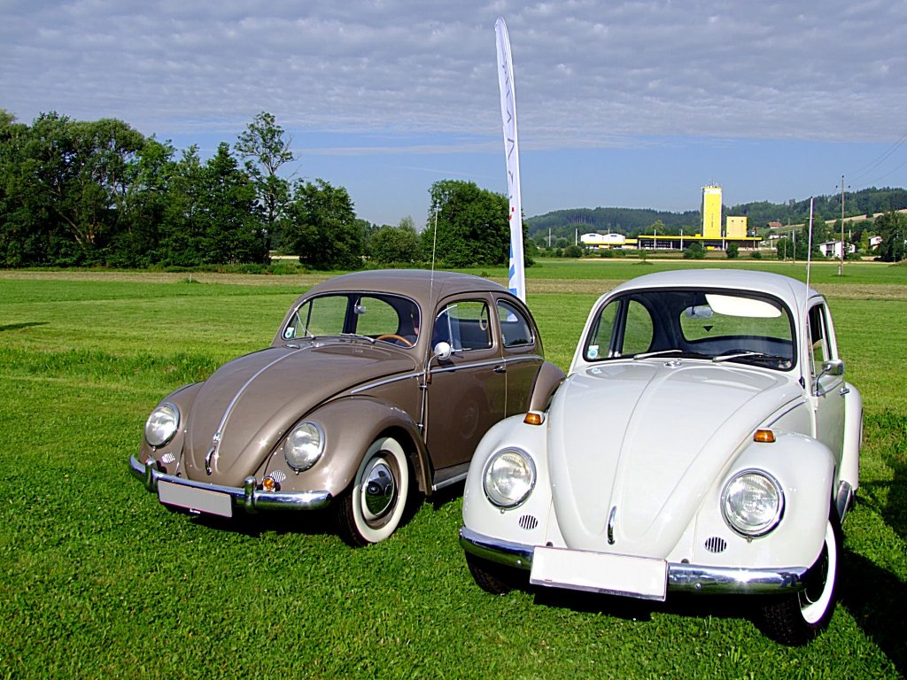  VW-Kfer Doppel  links Bj.1955 u. rechts ein 1200A Bj1967 possieren in anlsslich der Wadholz-Classic2011;110717